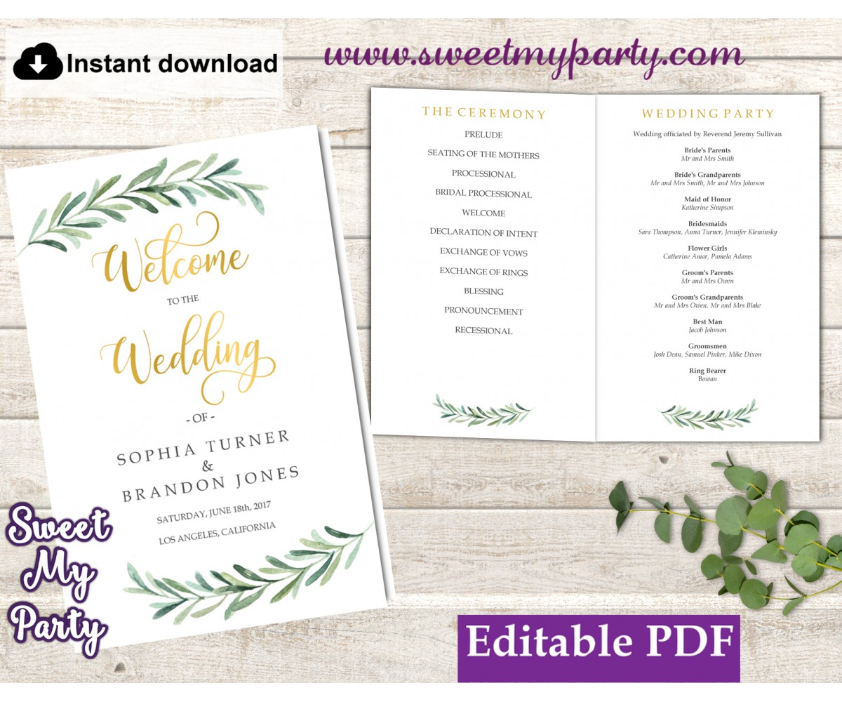 Greenery Wedding Program Booklet Template Greenery Wedding Program Folded Template Greenery